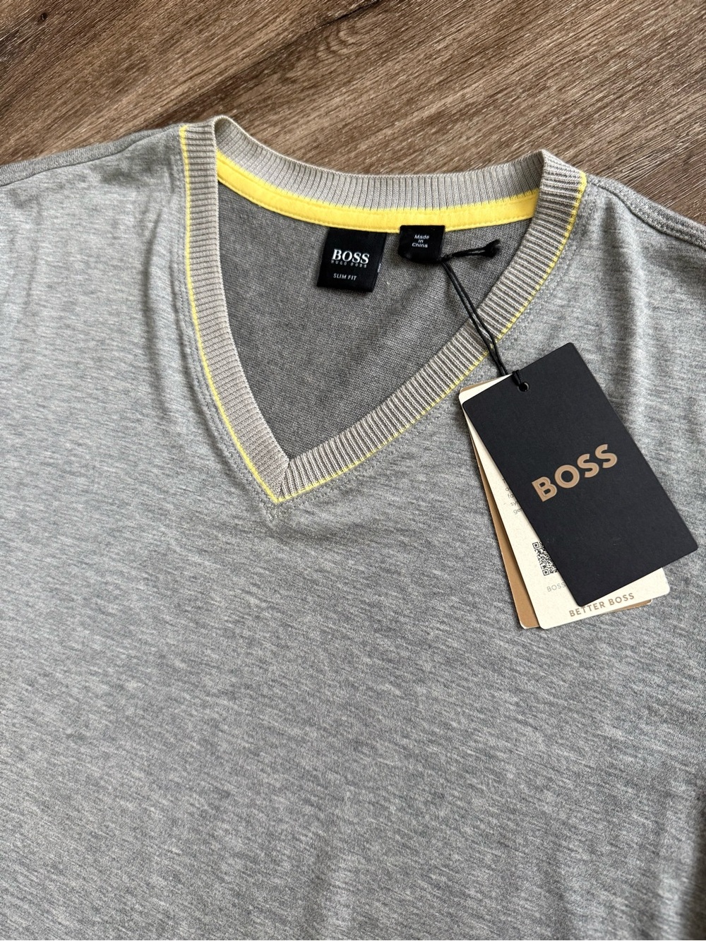 BOSS Men's Light Gray V-Neck Sweater with Yellow Trim Size L NWT